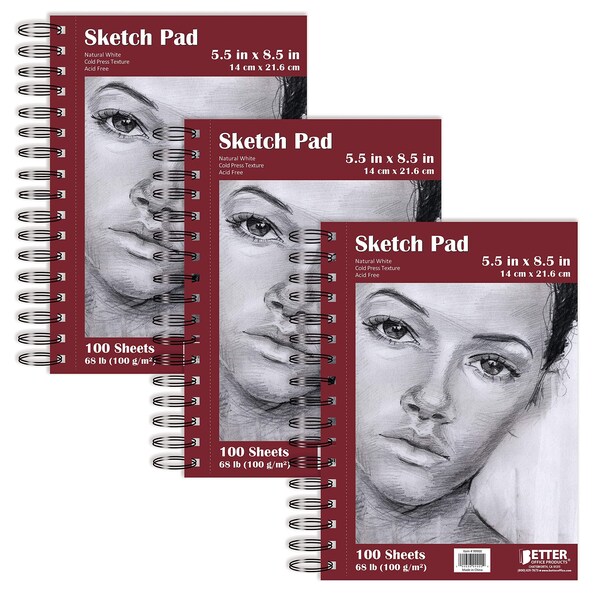 Better Office Products Sketch Paper Pads, 5.5in. x 8.5in. 100 Sheets, Premium Paper, Spiral Bound, Natural White, 4PK 01301 - main